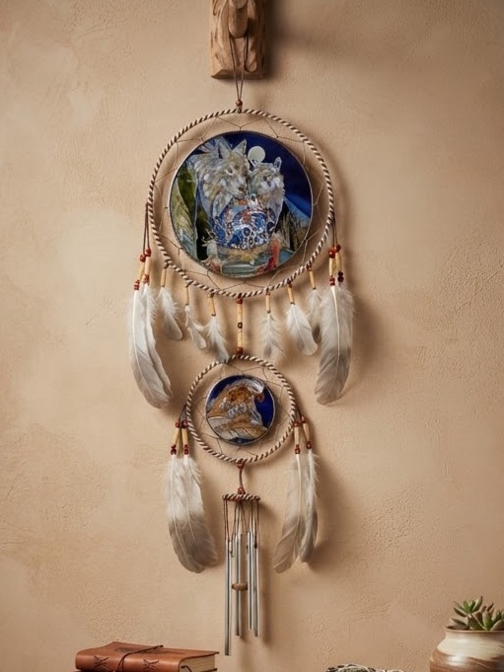 Handmade Blue Wolf Dreamcatcher Wall Hanging